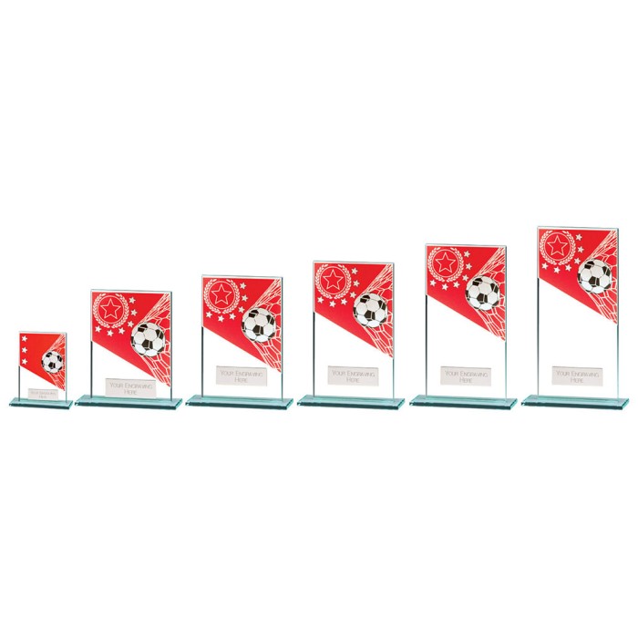 MUSTANG RED/SILVER FOOTBALL GLASS TROPHY -  6 SIZES - 8CM - 18CM